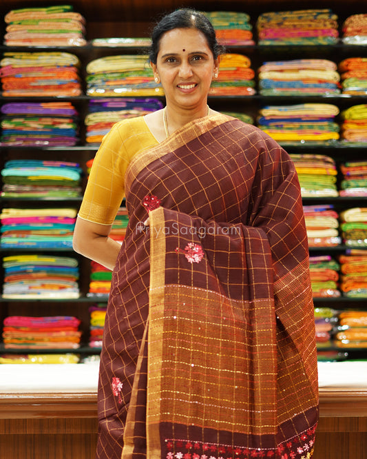 Coffee Brown Checked Embroidery Tussar - PD1351