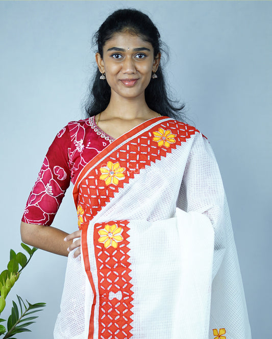 White Red Applique Cotton Kota - PD1419