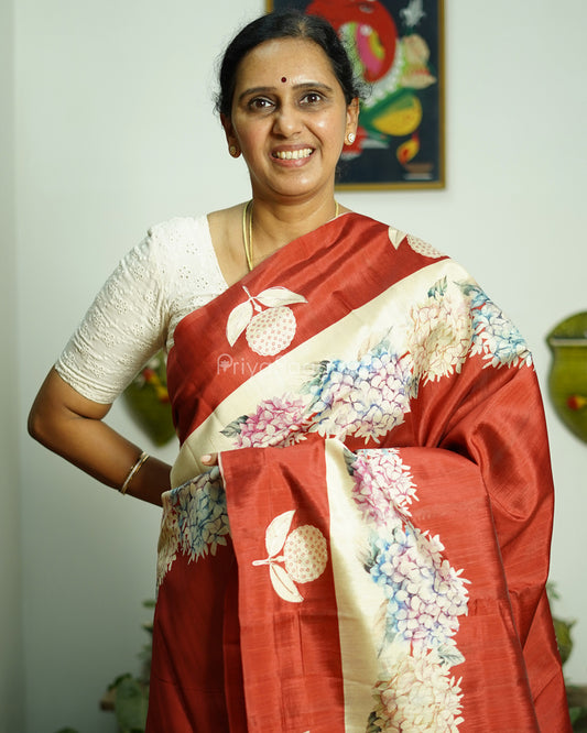 Red Floral Embroidery Tussar - PD808