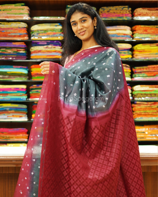 Grey and Maroon Bandhini Tussar Organza - PD1197