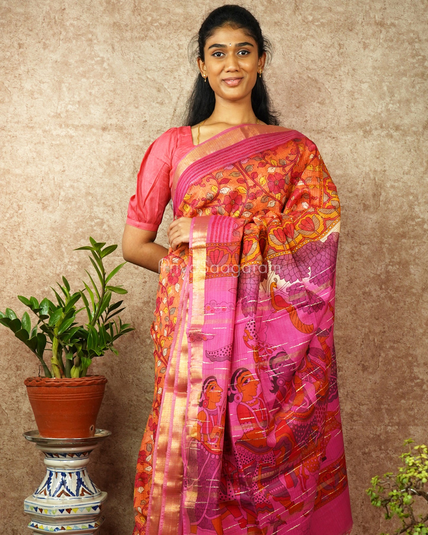 Pink Orange Kalamkari Cotton Kota - PD1406