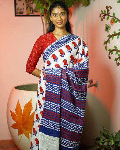 Red Blue Blockprint Pure Cotton - PC2731