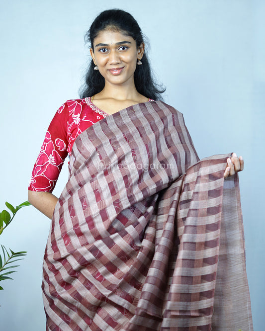 Chocolate Brown Checked Tussar Organza - PD1203