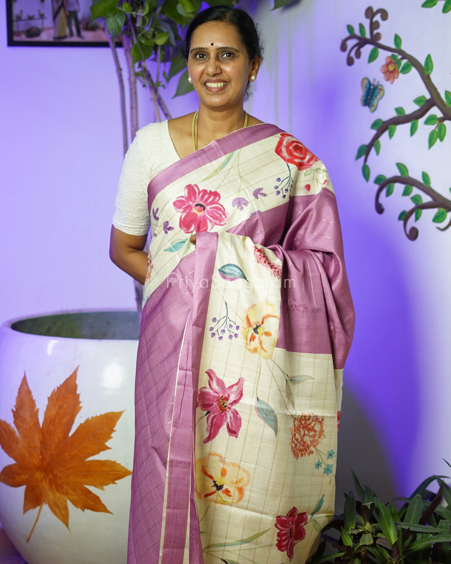 Purple Floral Tussar - PD812