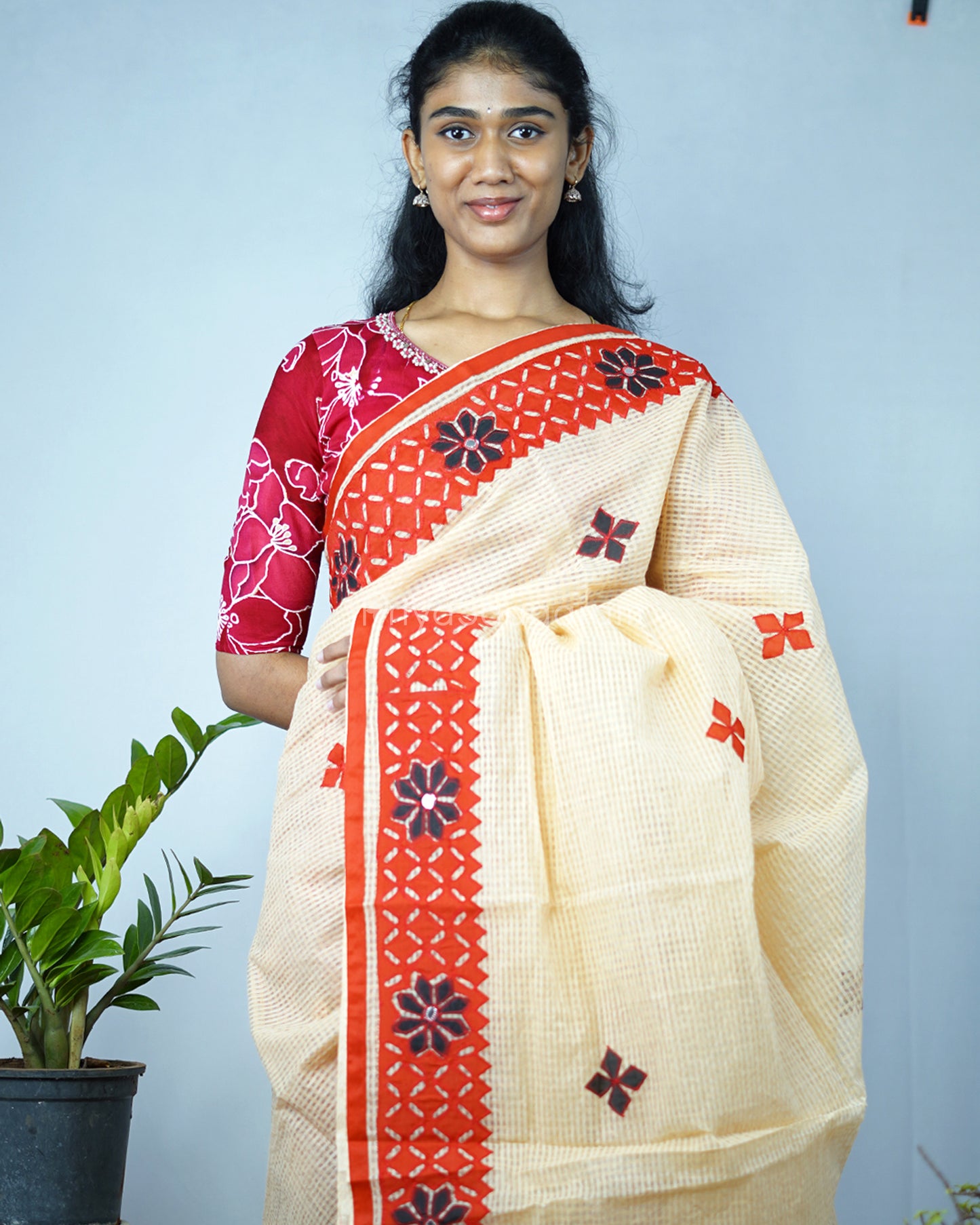 Mustard Red Applique Cotton Kota - PD1420