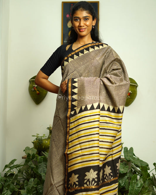 Black Checked Bagru Print Chanderi - PD370