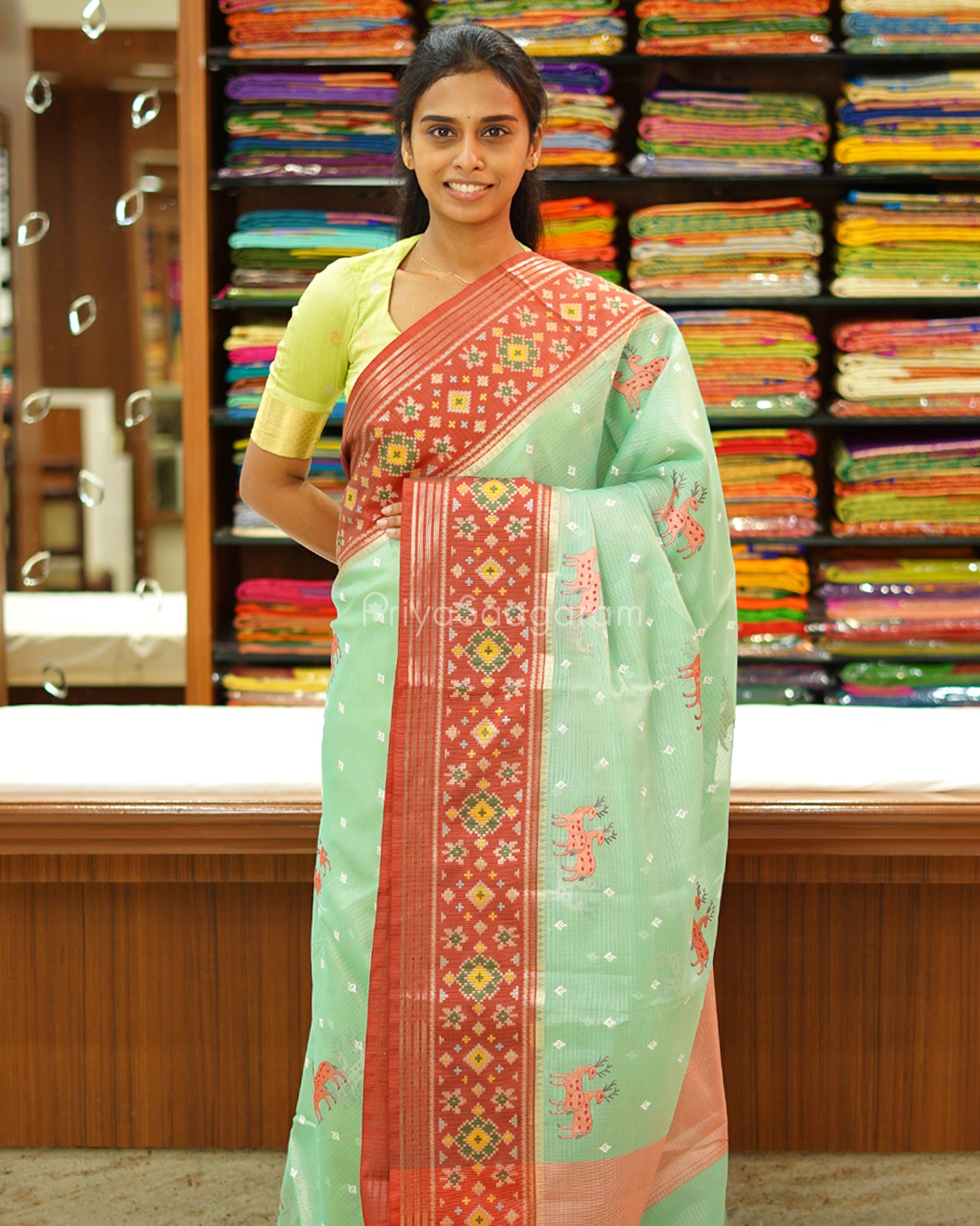Sea Green Wildlife Embroidery Silk Kota - PD742