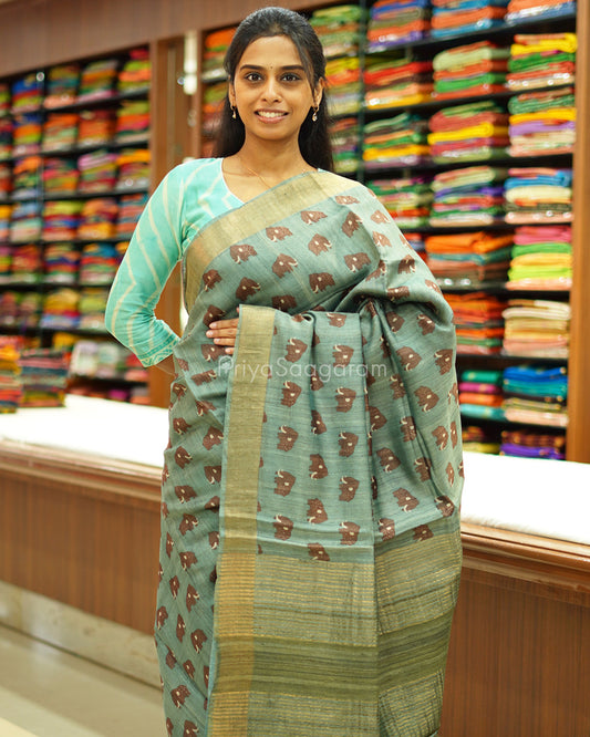 Green Elephant Printed Tussar - PD528