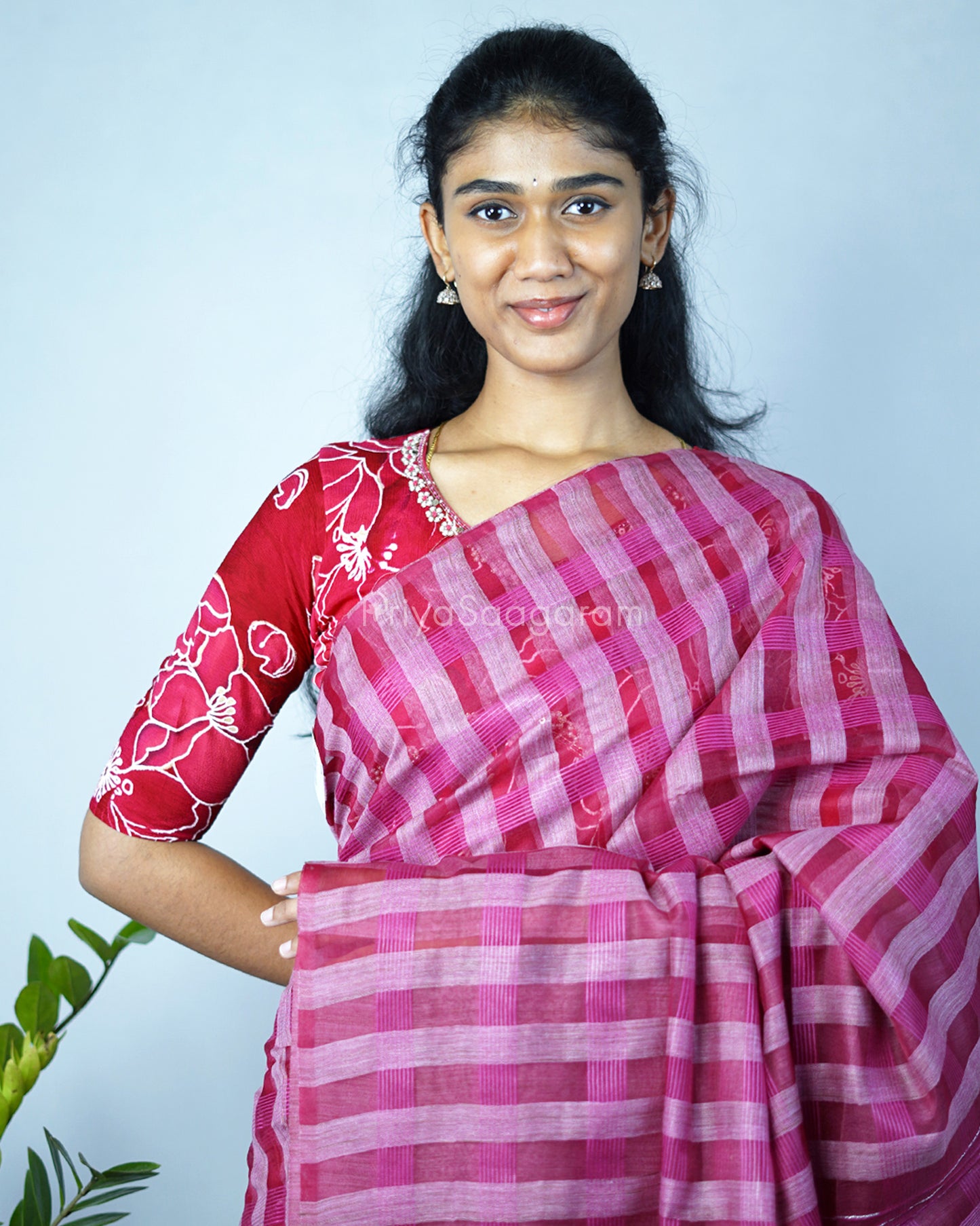 Dark Pink Checked Tussar Organza - PD1205