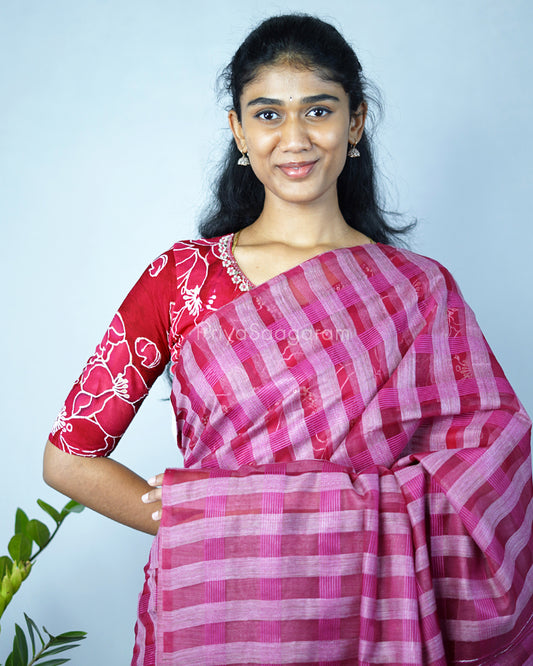 Dark Pink Checked Tussar Organza - PD1205