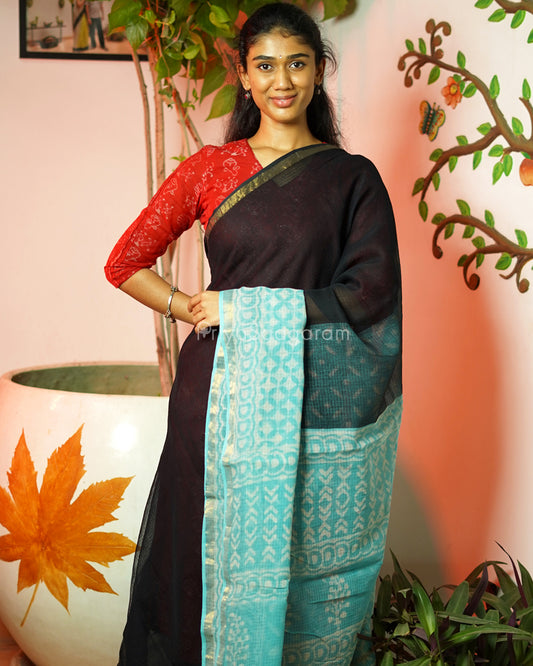 Black Blue Dabu Print Kota Doria - PD321