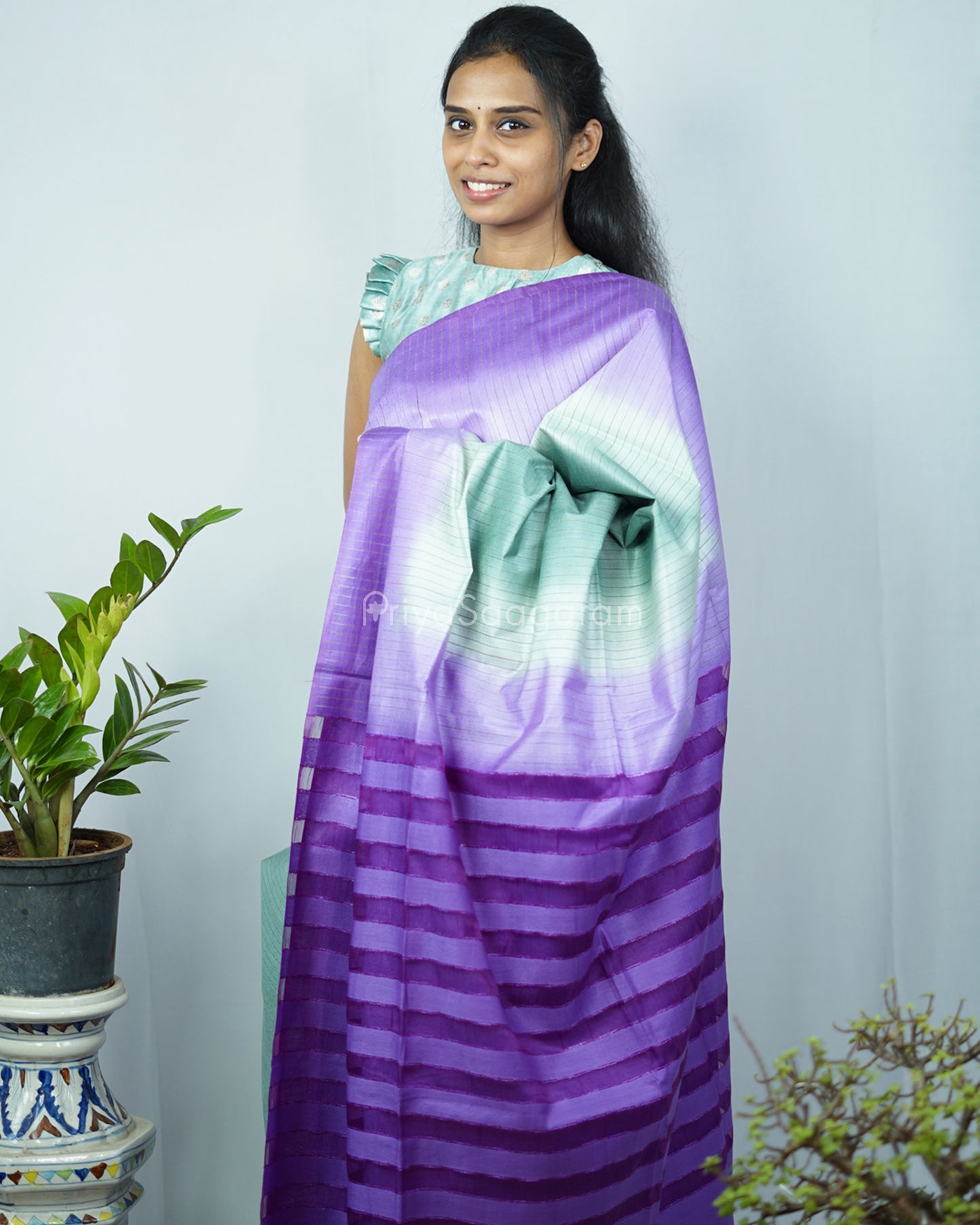 Sea Green Purple Tussar Organza - PD1221