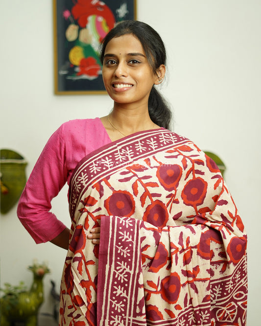 Maroon Floral Blockprint Pure Cotton - PD305
