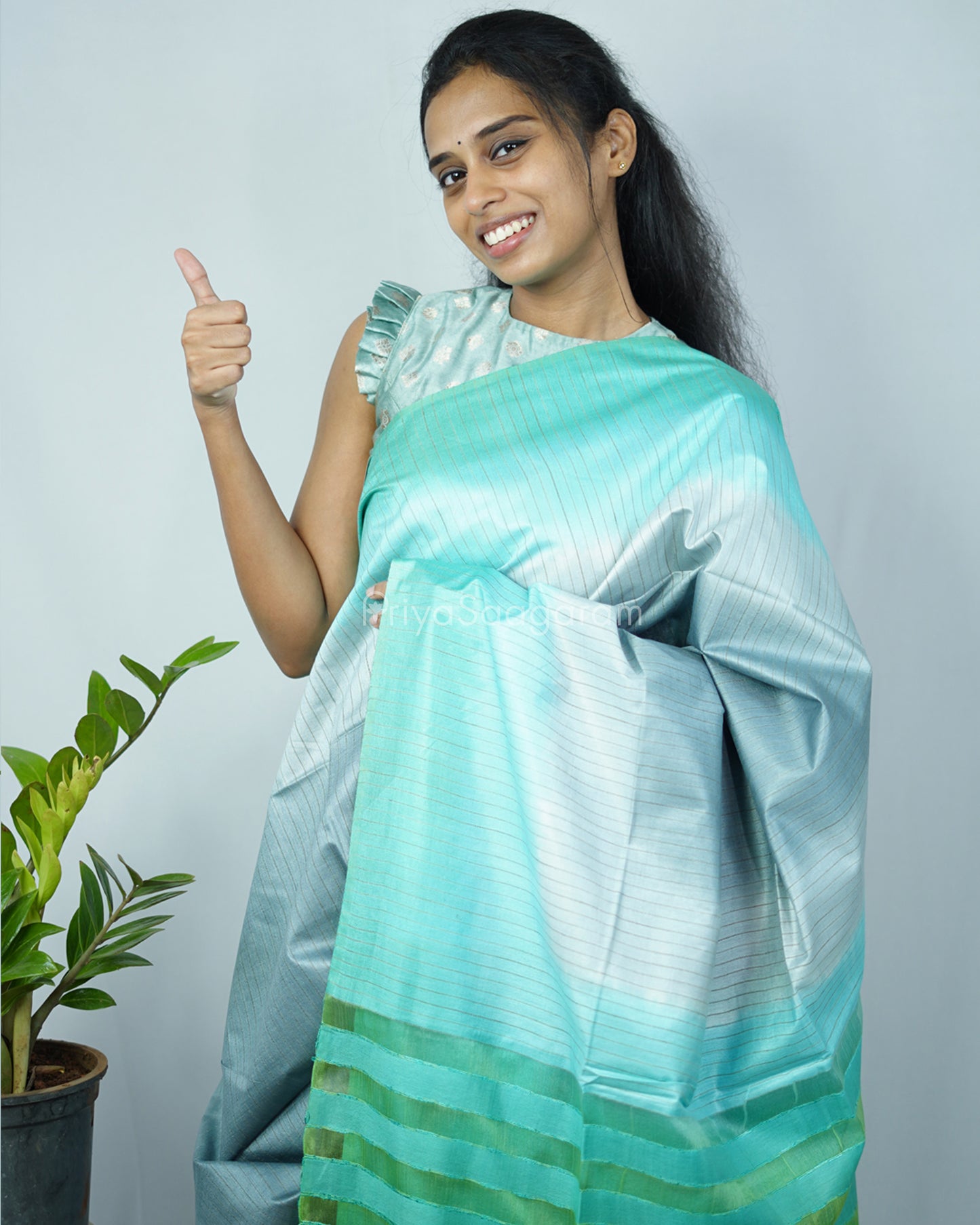 Grey Turquoise Blue Tussar Organza - PD1218