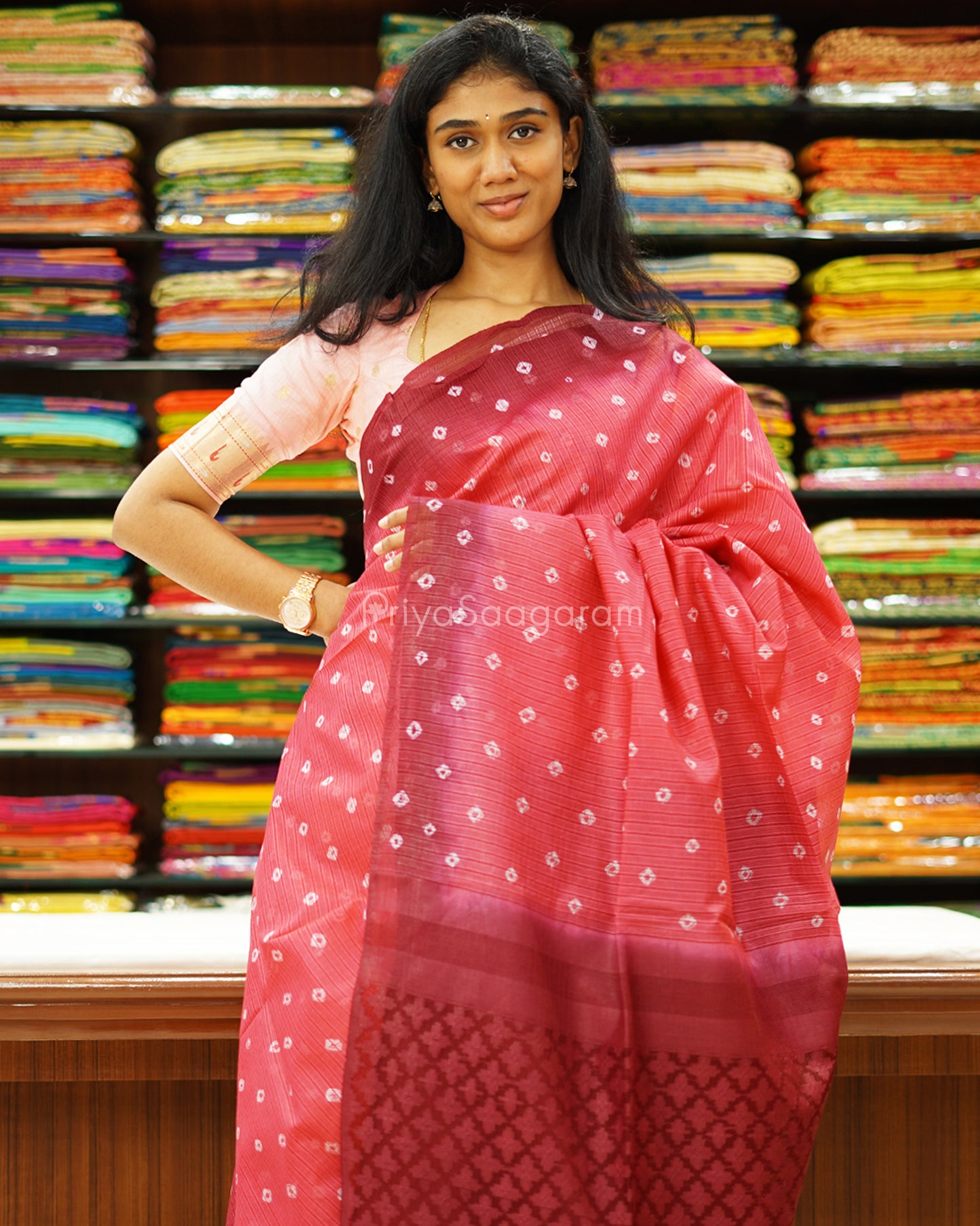 Pink and Maroon Bandhini Tussar Organza - PD1200