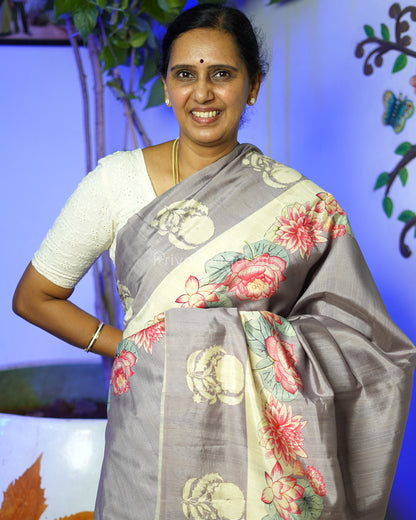 Grey Floral Embroidery Tussar - PD800