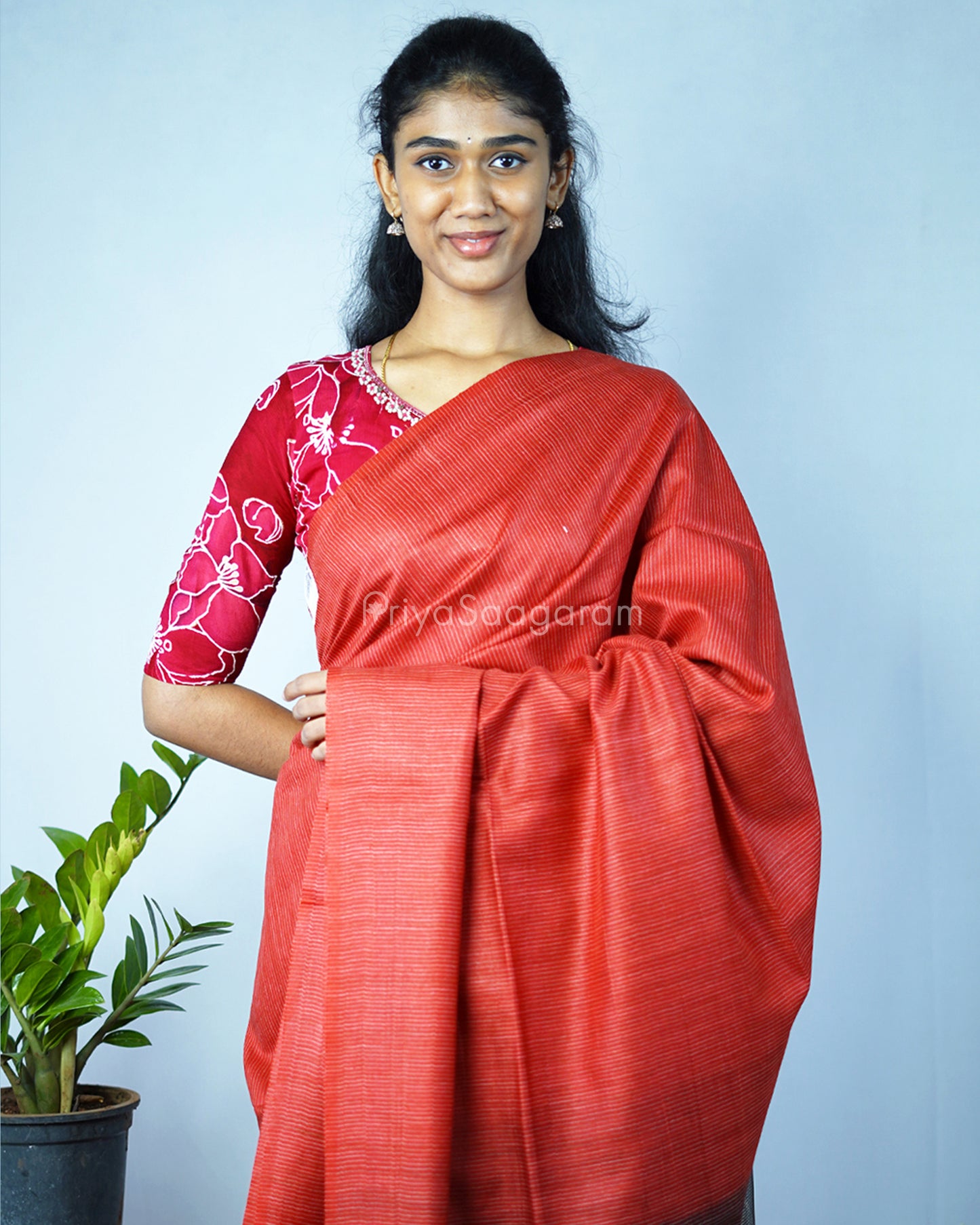Chilli Red and Grey Contrast Tussar - PD1310