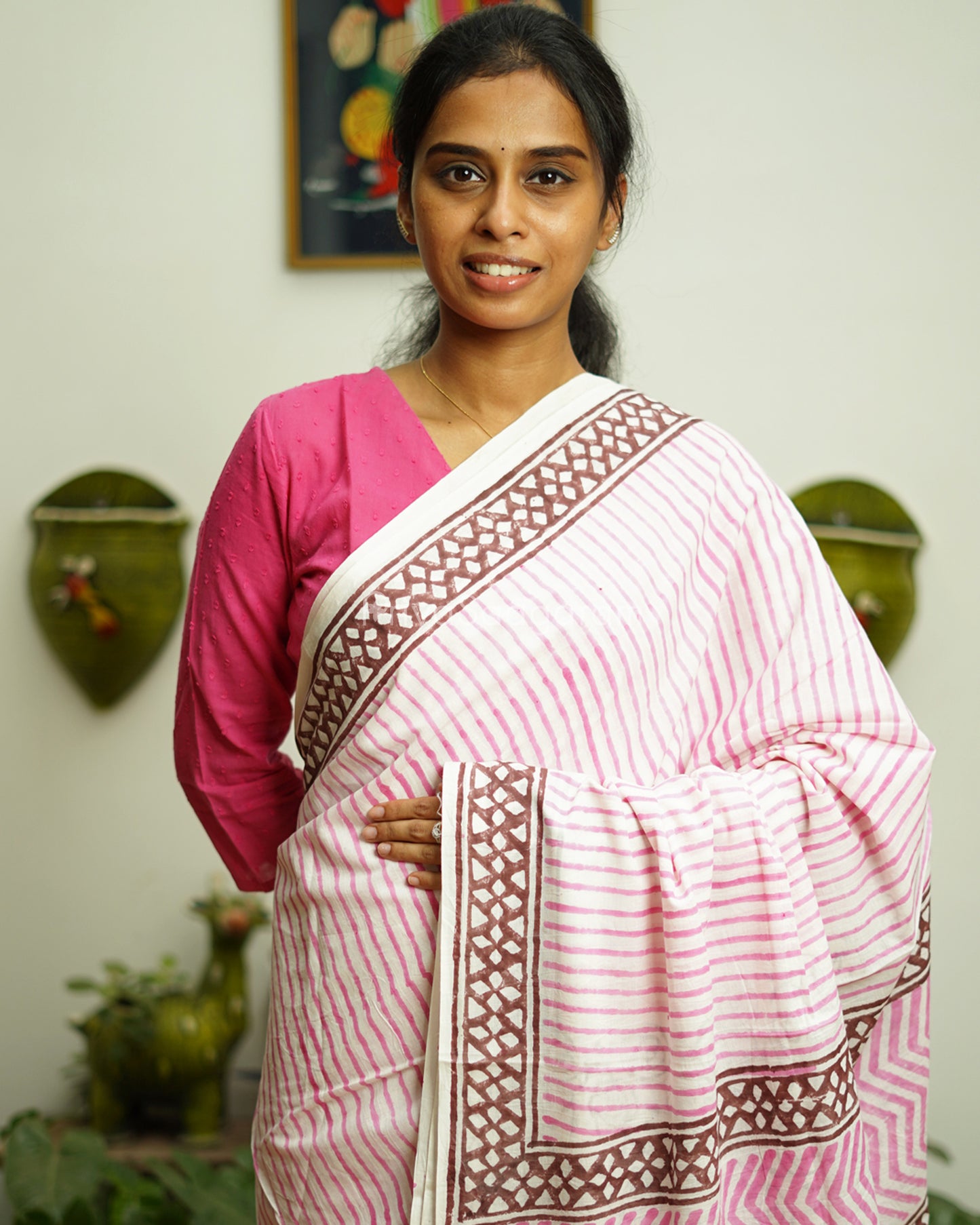Pink Striped Blockprint Pure Cotton - PD382