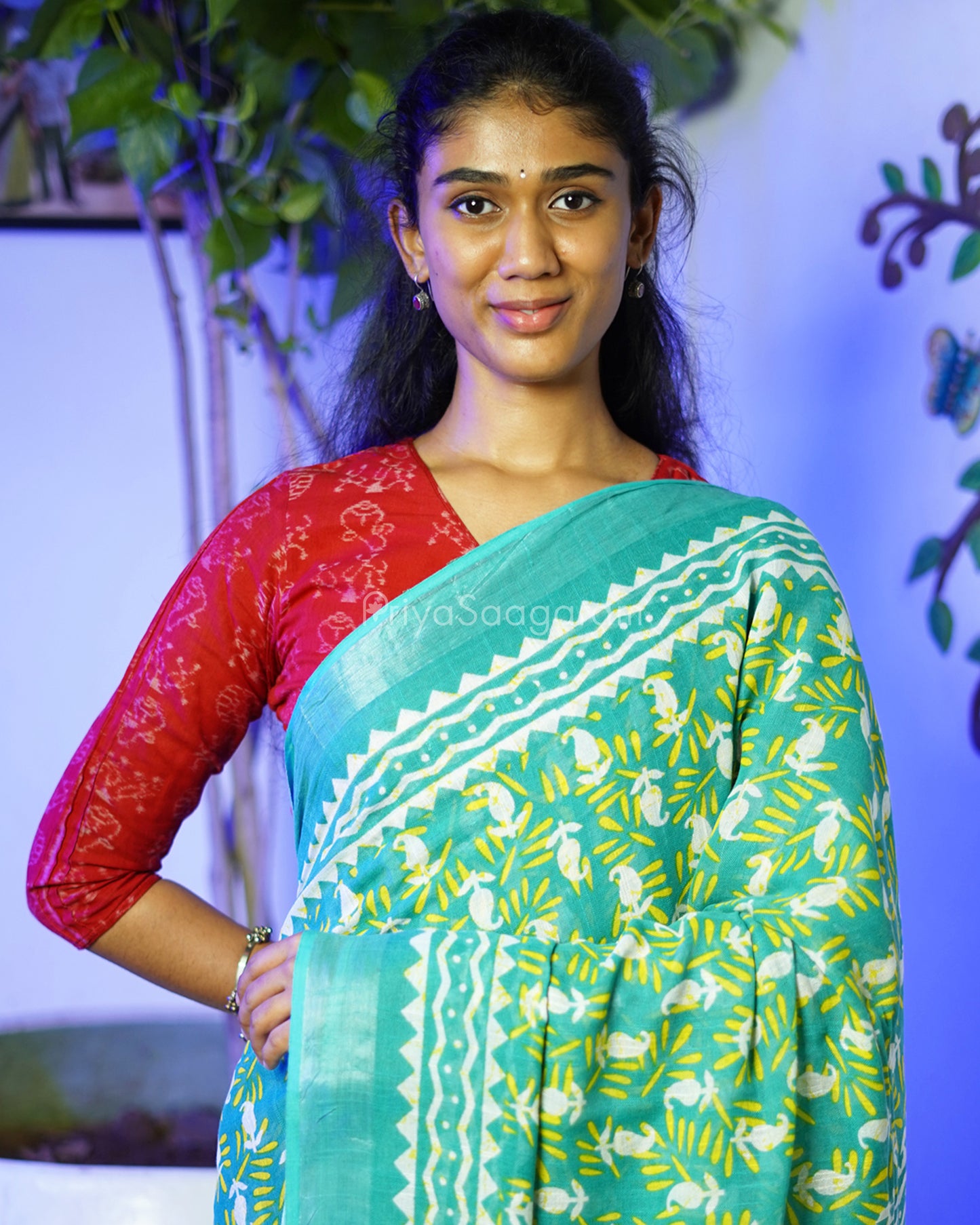 Blue Green Floral Blockprint Linen - PD267