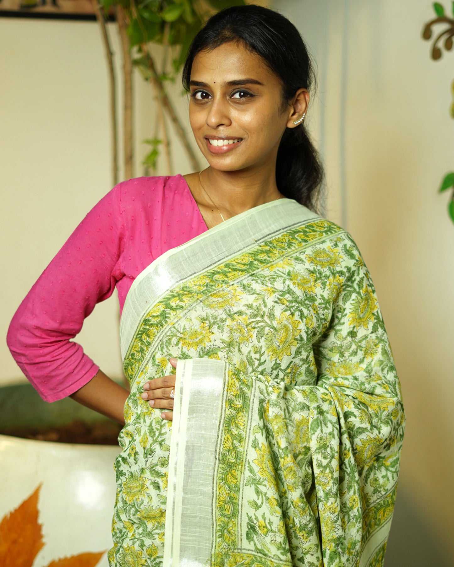Green Floral Blockprint Linen - PC2751