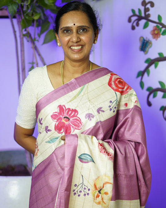 Purple Floral Tussar - PD812