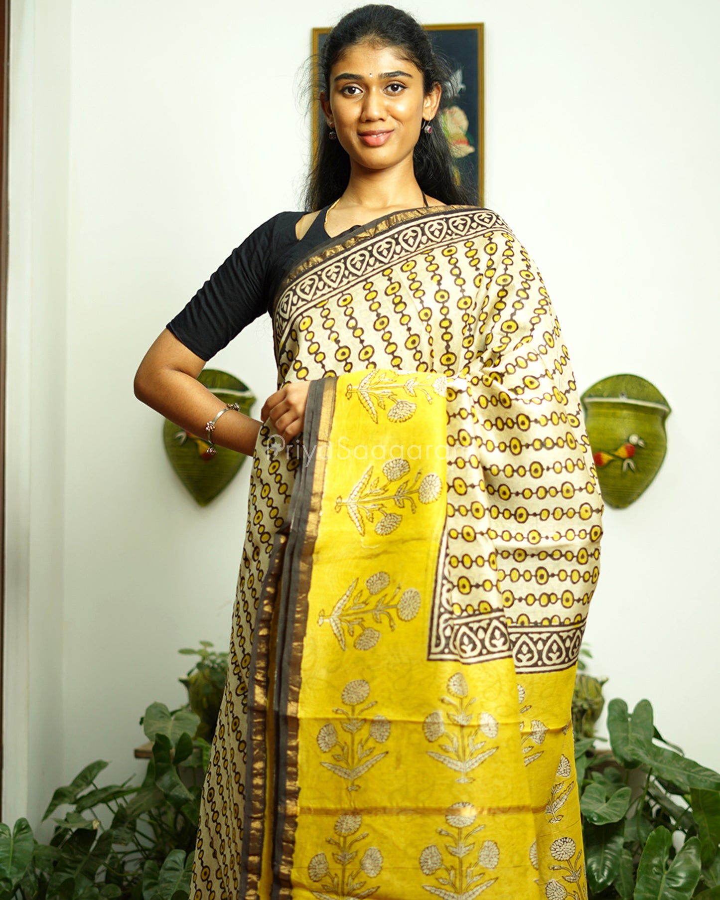 Black Yellow Bagru Print Chanderi - PD366
