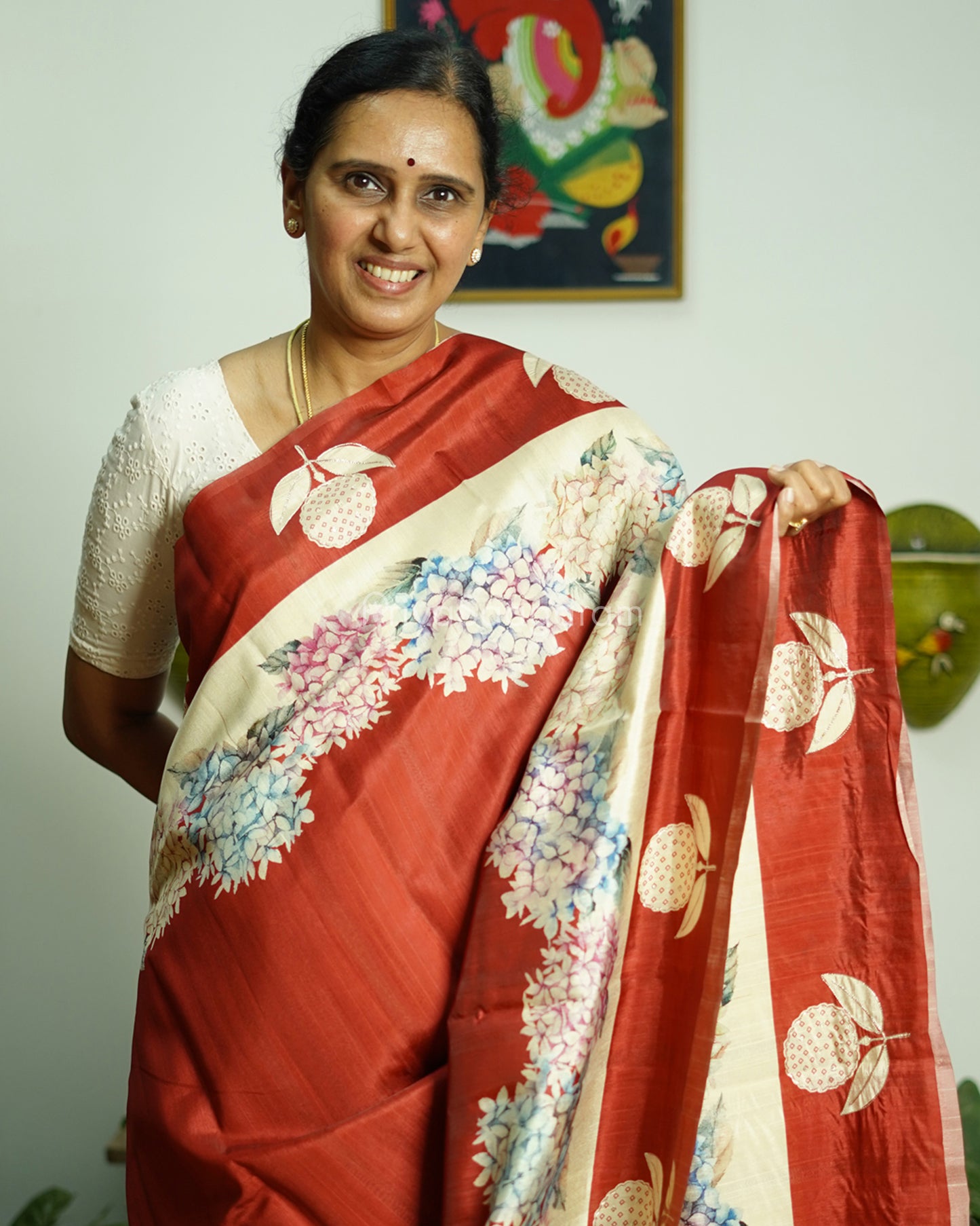 Red Floral Embroidery Tussar - PD808