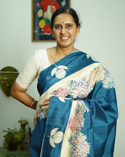 Cobalt Blue Floral Embroidery Tussar - PD799