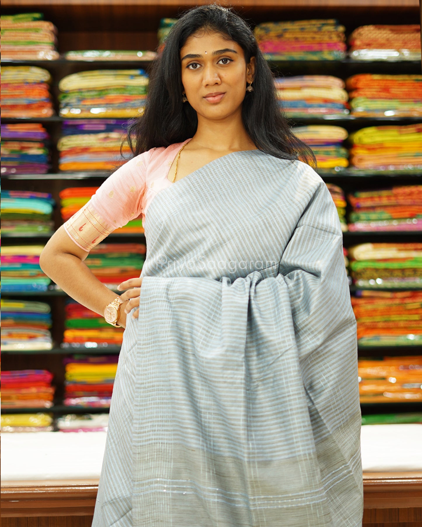 Cornflower Blue Striped Tussar - PD1214