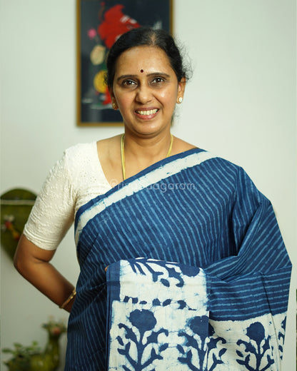 Indigo Striped Blockprint Pure Cotton - PD371