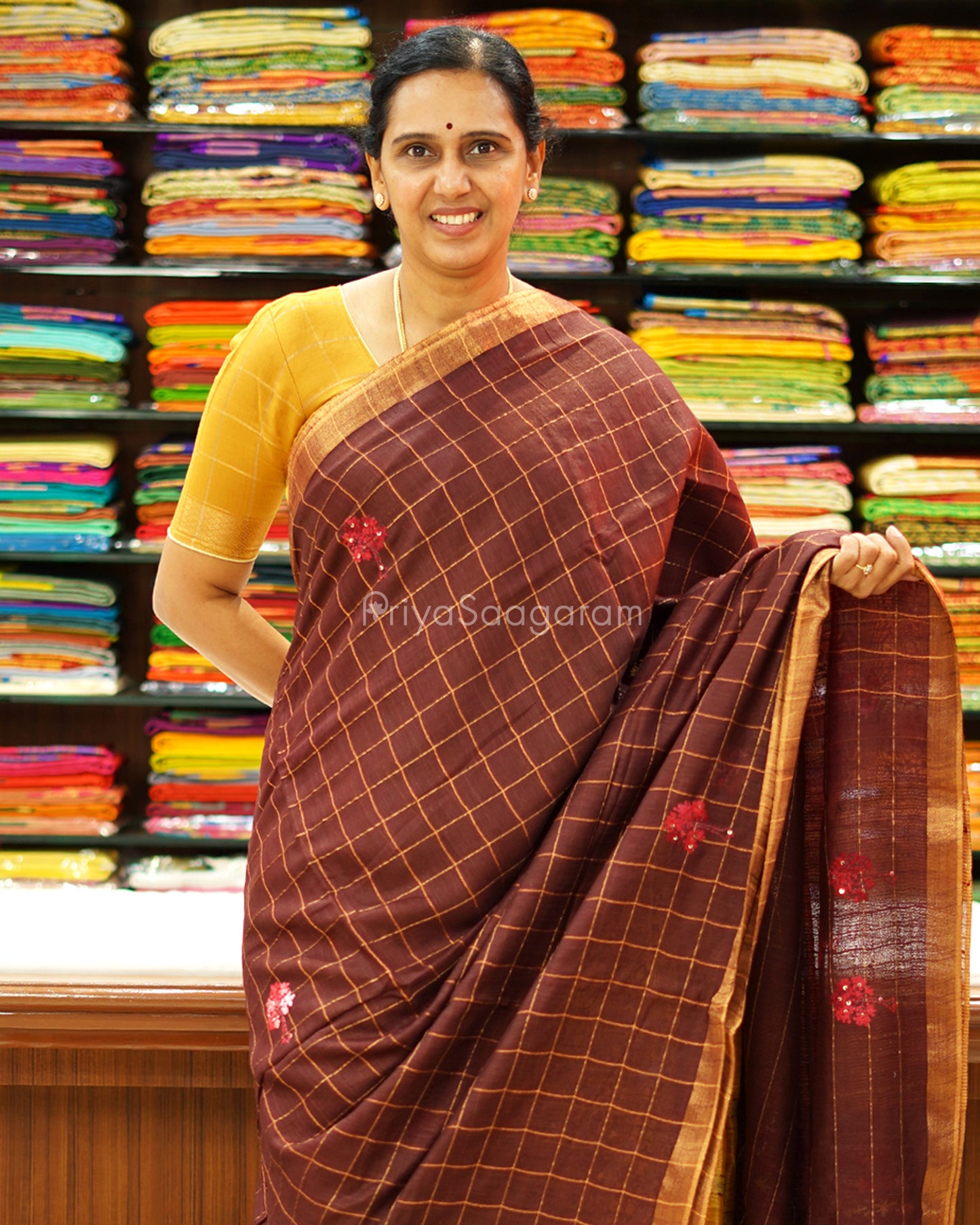 Coffee Brown Checked Embroidery Tussar - PD1351