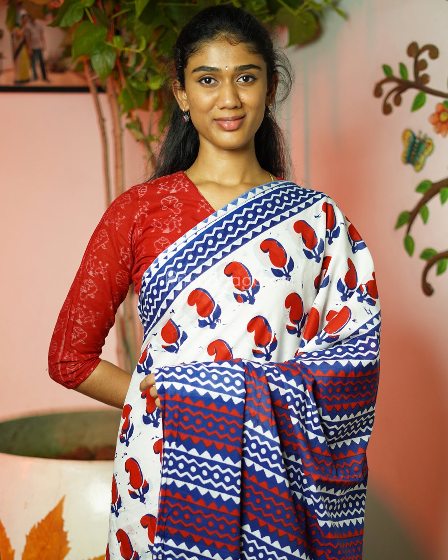 Red Blue Blockprint Pure Cotton - PC2731