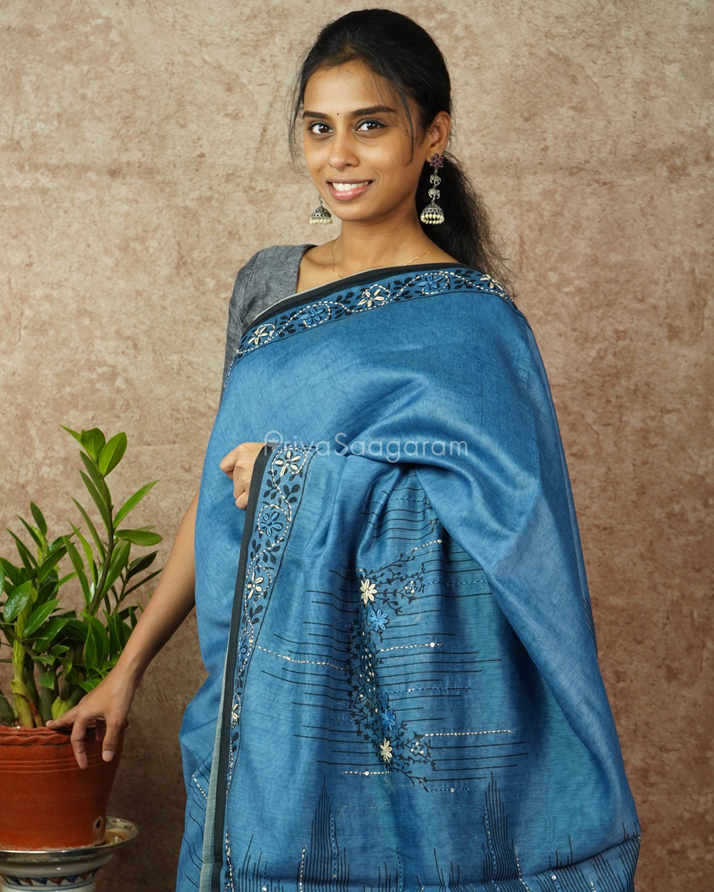 Blue Embroidery Chanderi - PD764