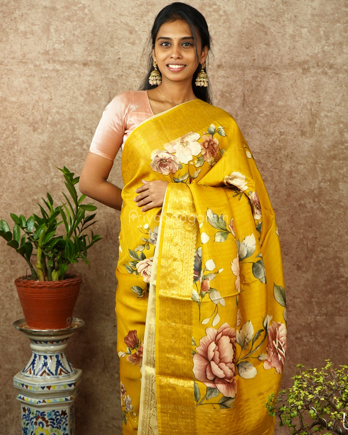 Yellow Floral Chiniya Silk - PD988