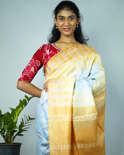 Mango Yellow and Light Blue Embroidery Tussar - PD1297