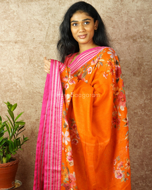Orange Pink Silk Cotton Kota - PD836