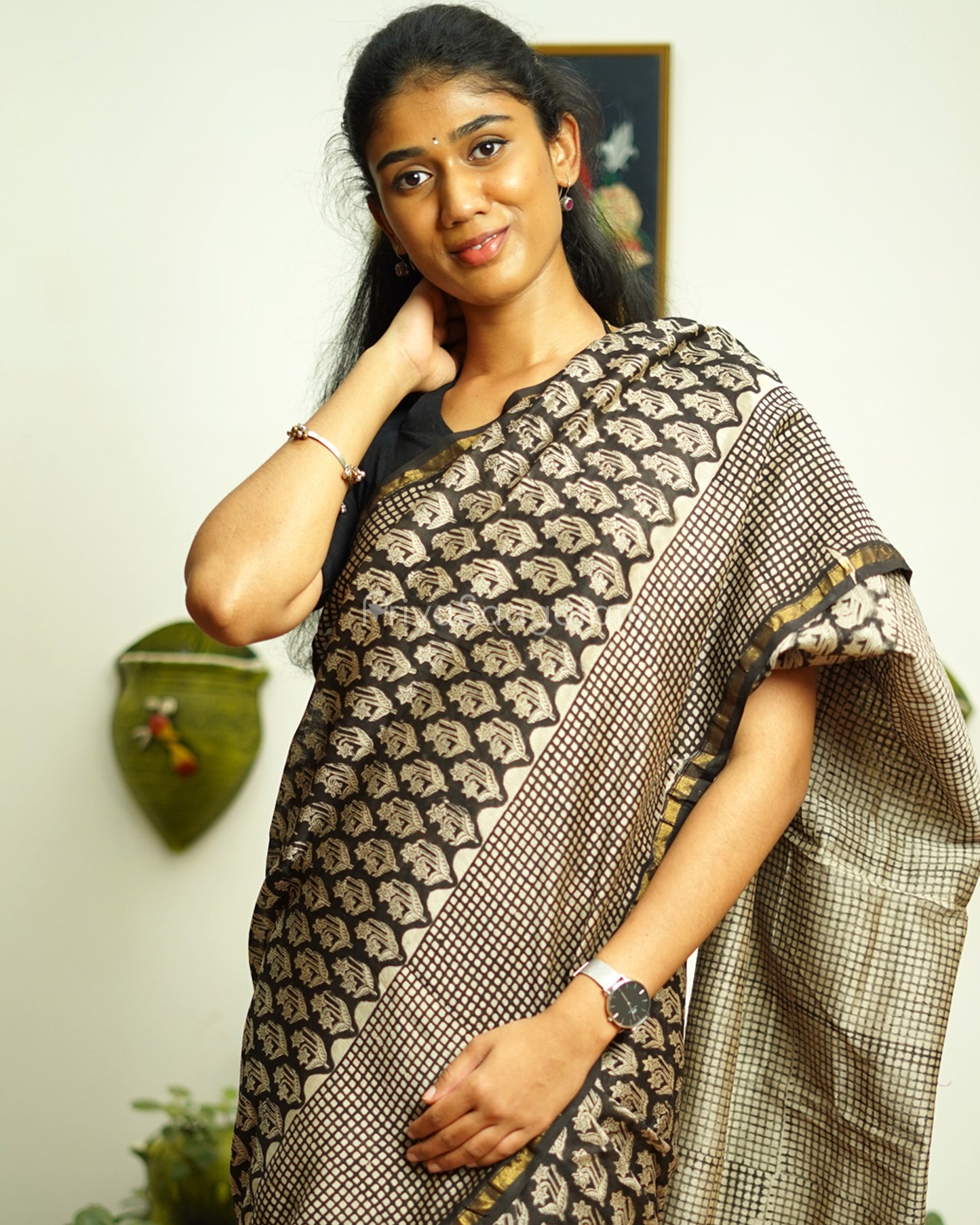 Black Floral Bagru Print Chanderi - PD365