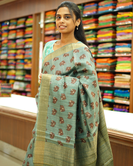 Green Elephant Printed Tussar - PD528
