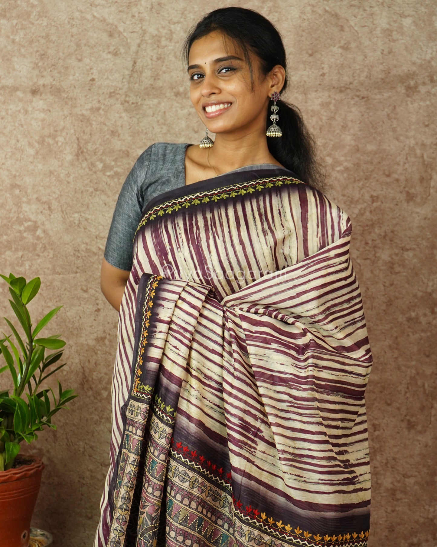 Cream Purple Embroidery Chanderi - PD714