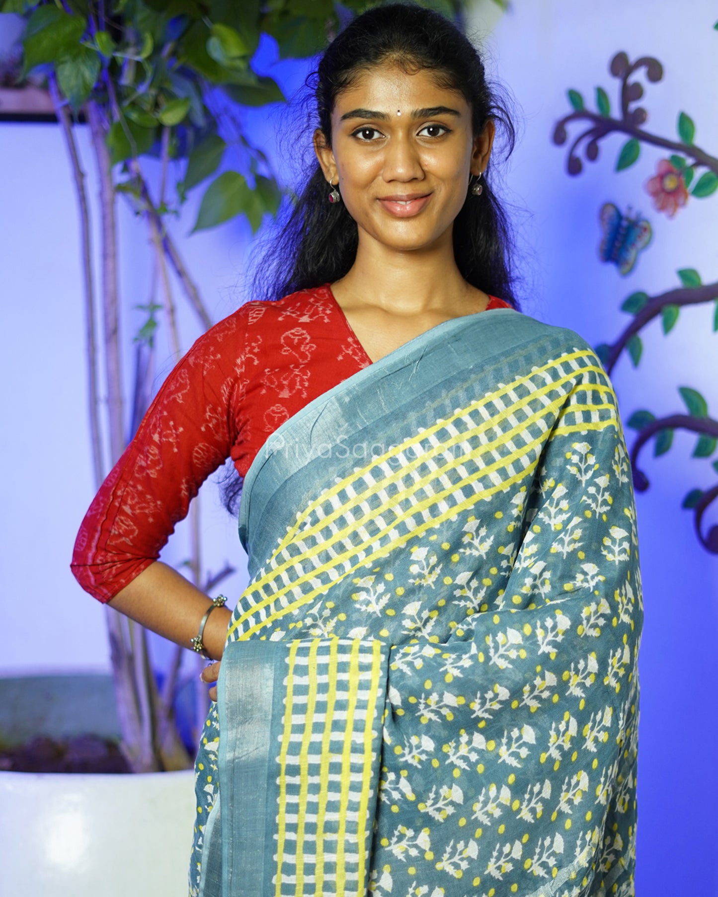 Blue Grey Floral Blockprint Linen - PD264