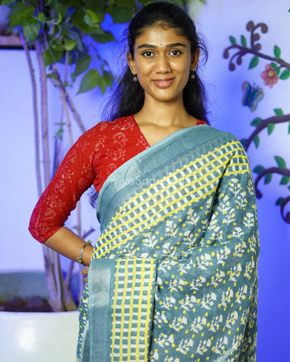 Blue Grey Floral Blockprint Linen - PD264