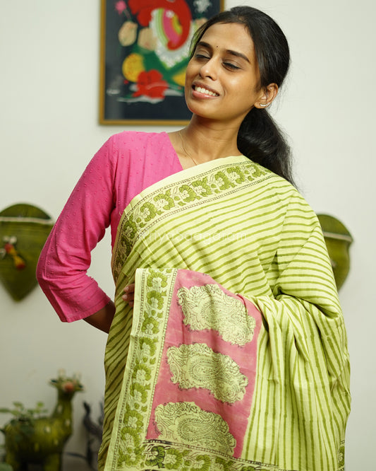 Green Striped Blockprint Pure Cotton - PD374