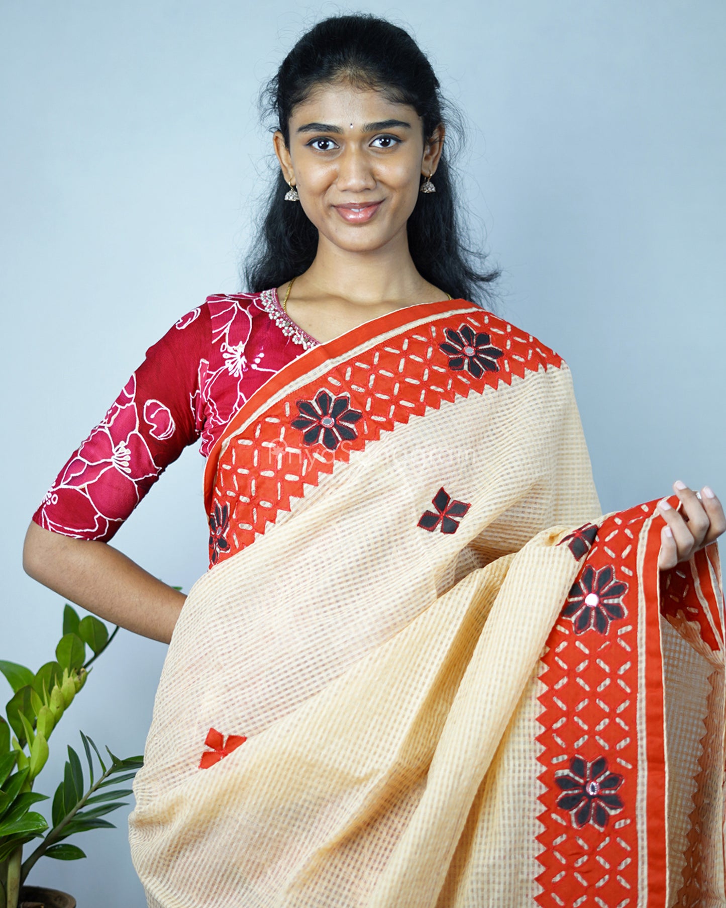 Mustard Red Applique Cotton Kota - PD1420