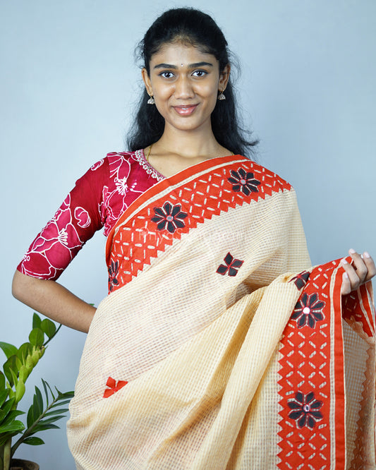 Mustard Red Applique Cotton Kota - PD1420