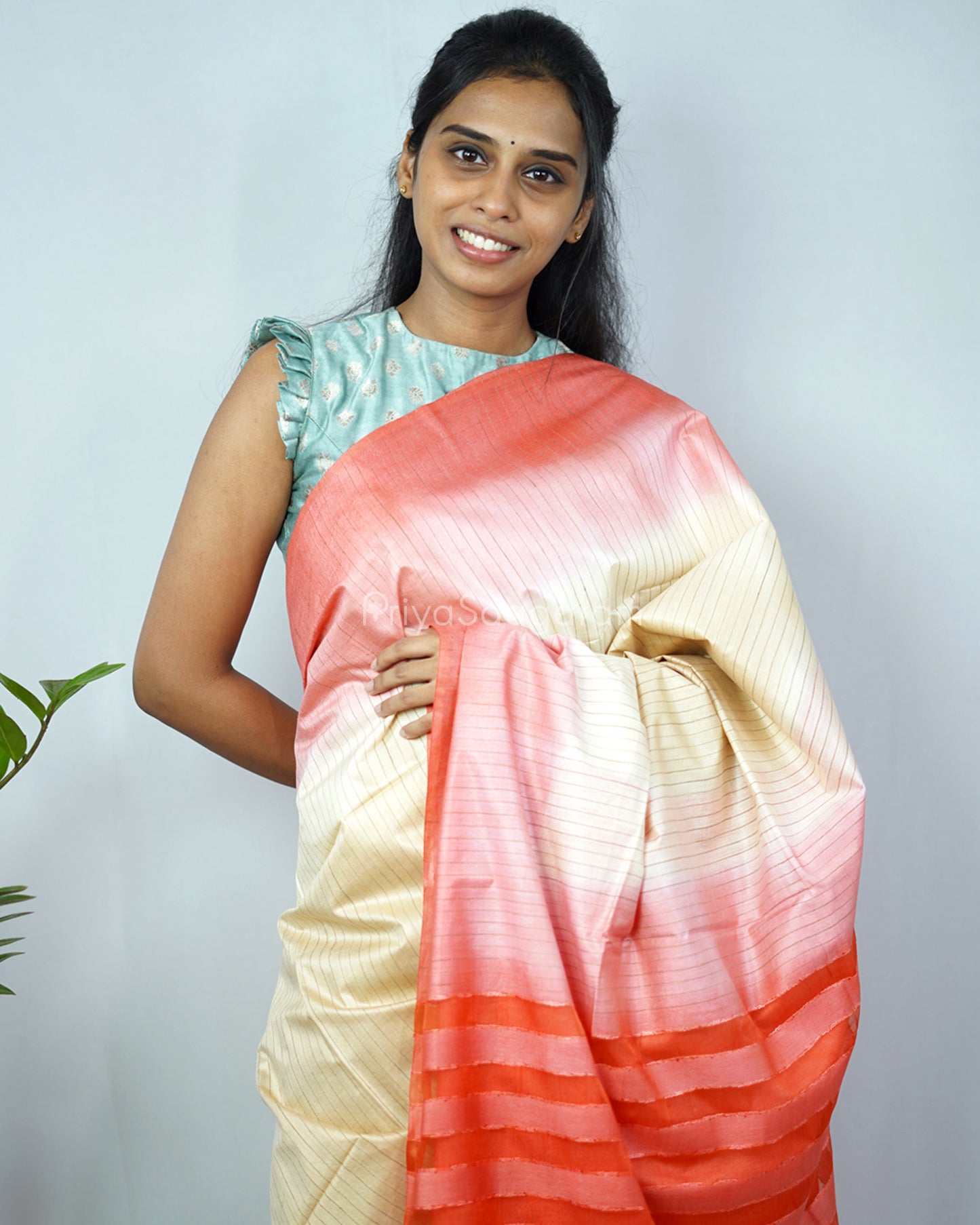 Cream Peach Red Tussar Organza - PD1216
