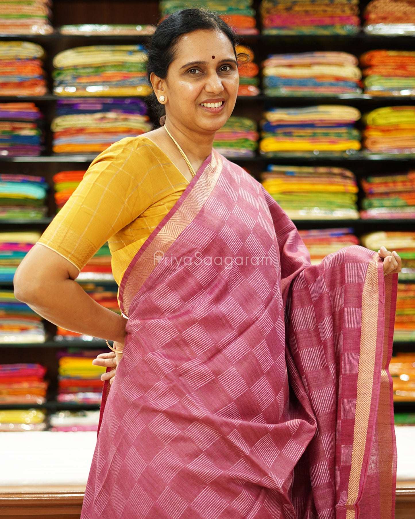 Wine Checked Tussar - PD1268