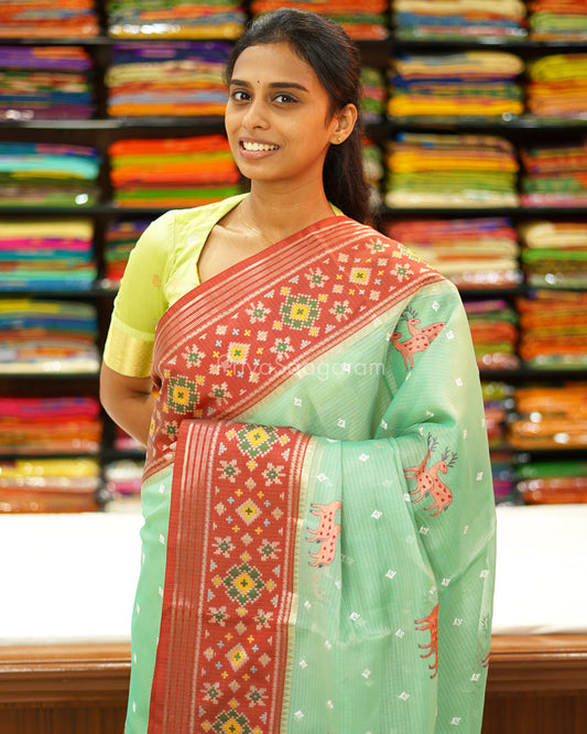 Sea Green Wildlife Embroidery Silk Kota - PD742