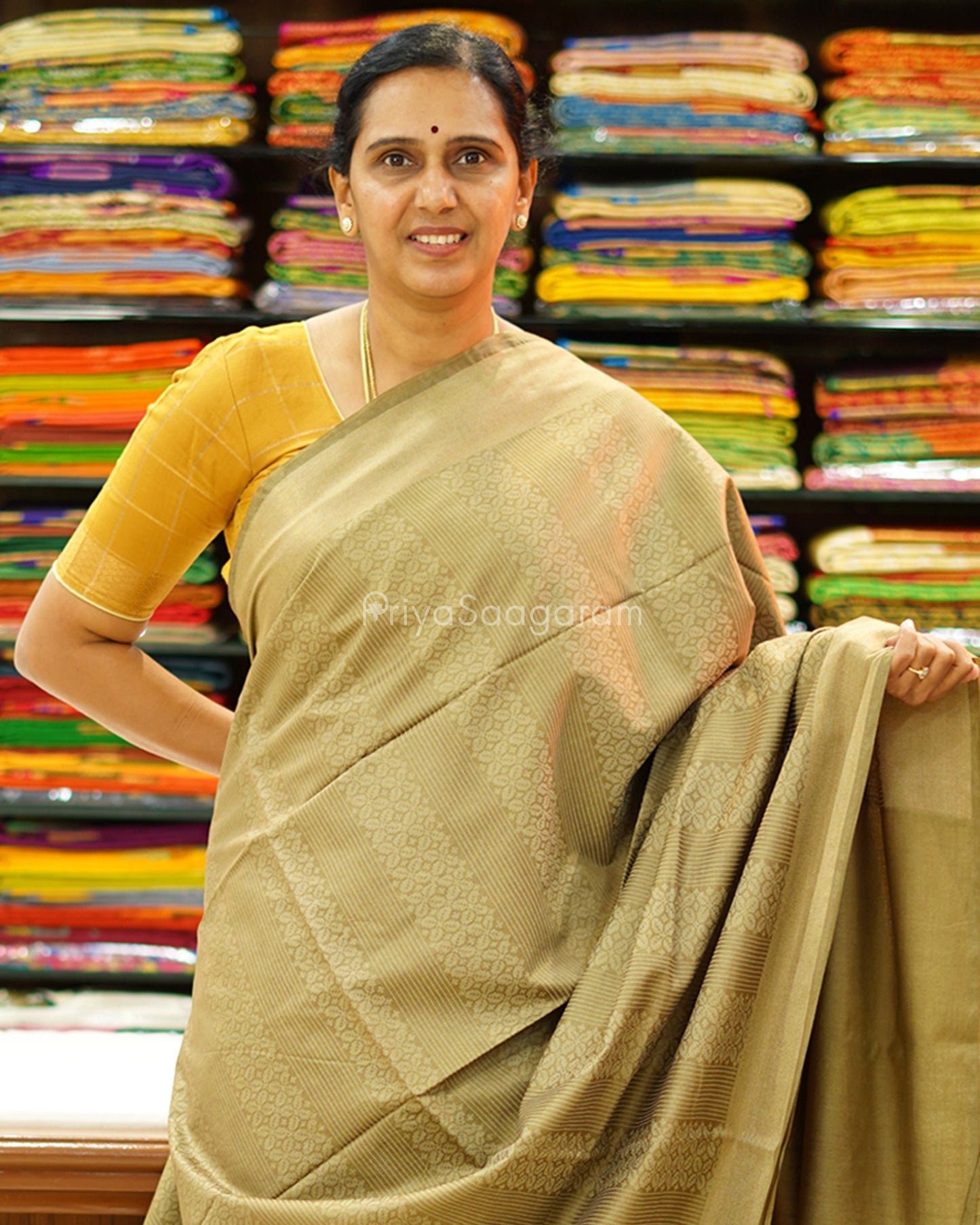 Khaki Mustard Printed Tussar - PD1331