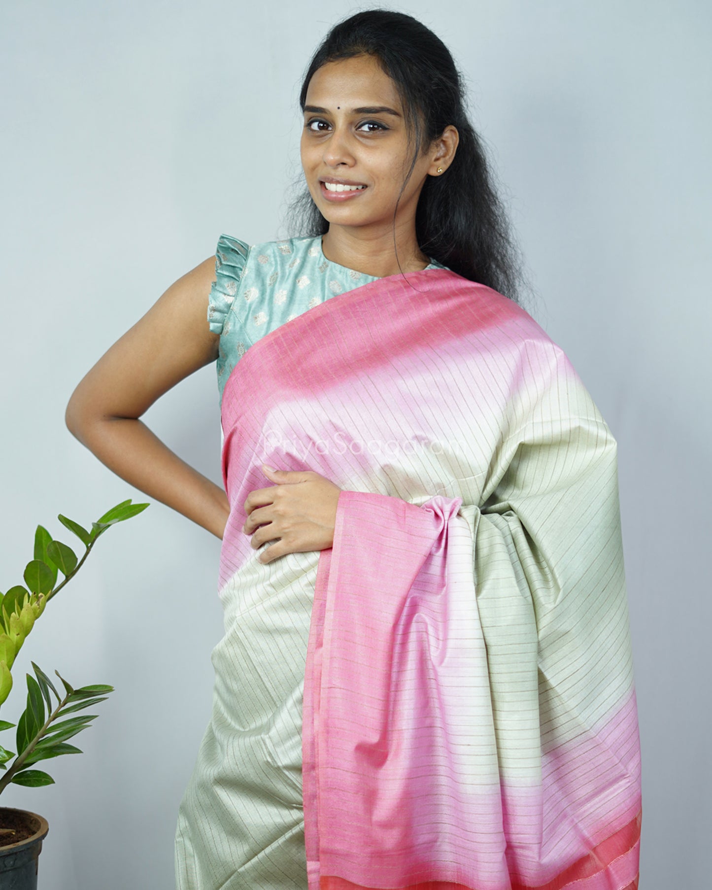 Cream Pink Tussar Organza - PD1219