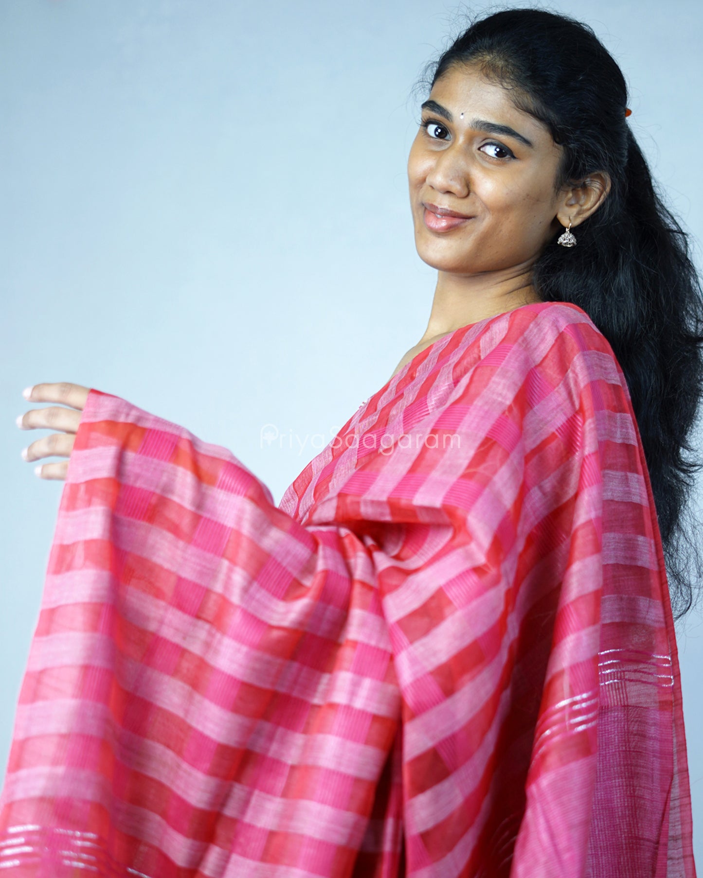 Rouge Pink Checked Tussar Organza - PD1201